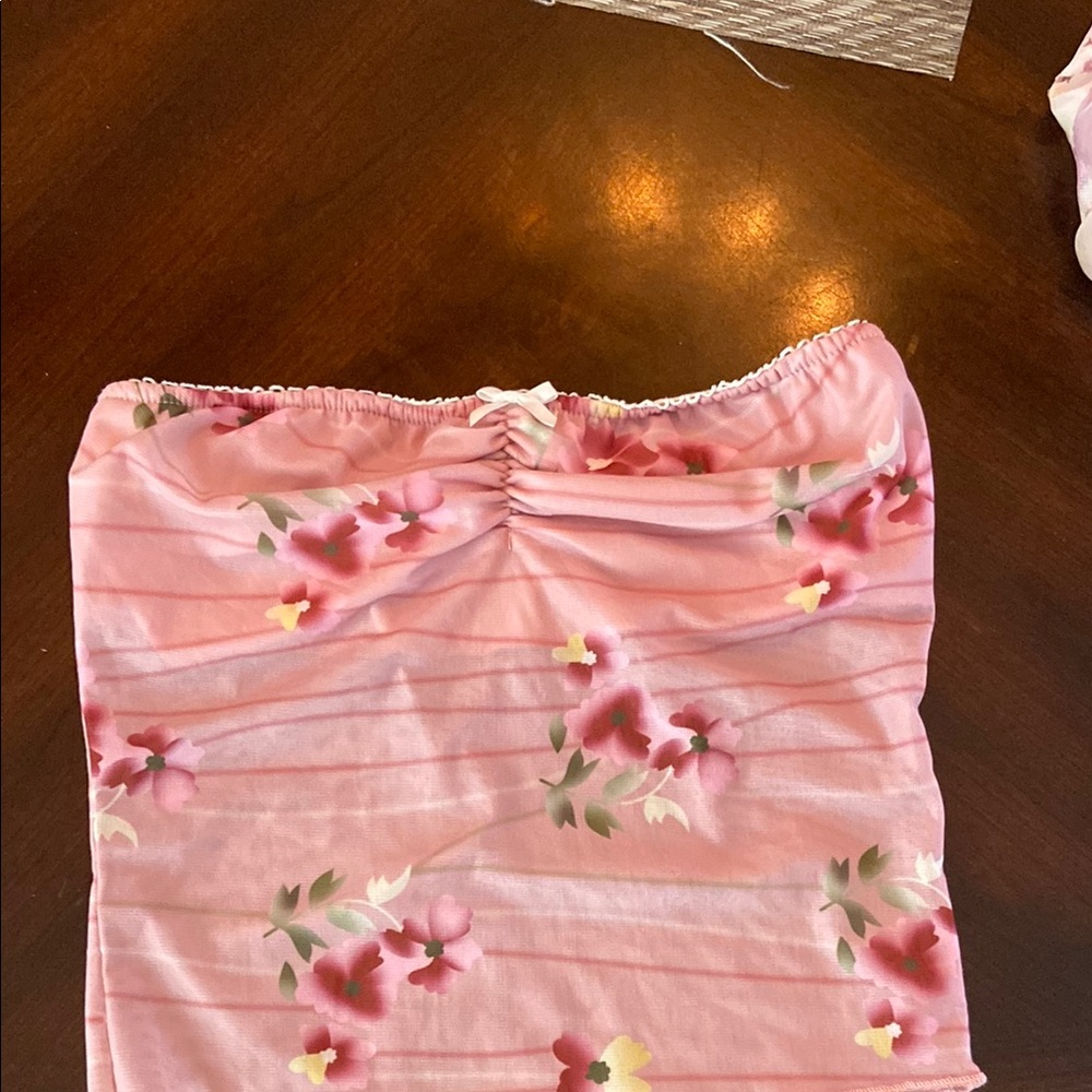 Source Unknown Pink and White Ruched Strapless Crop Top